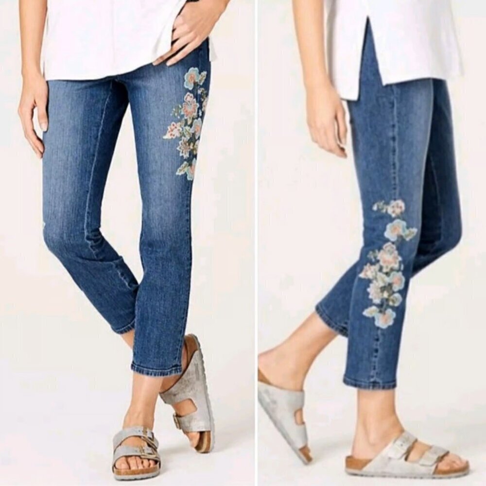 J. Jill Denim Jeans Authentic Fit Cropped Pants Mid Rise Embroidered Size14